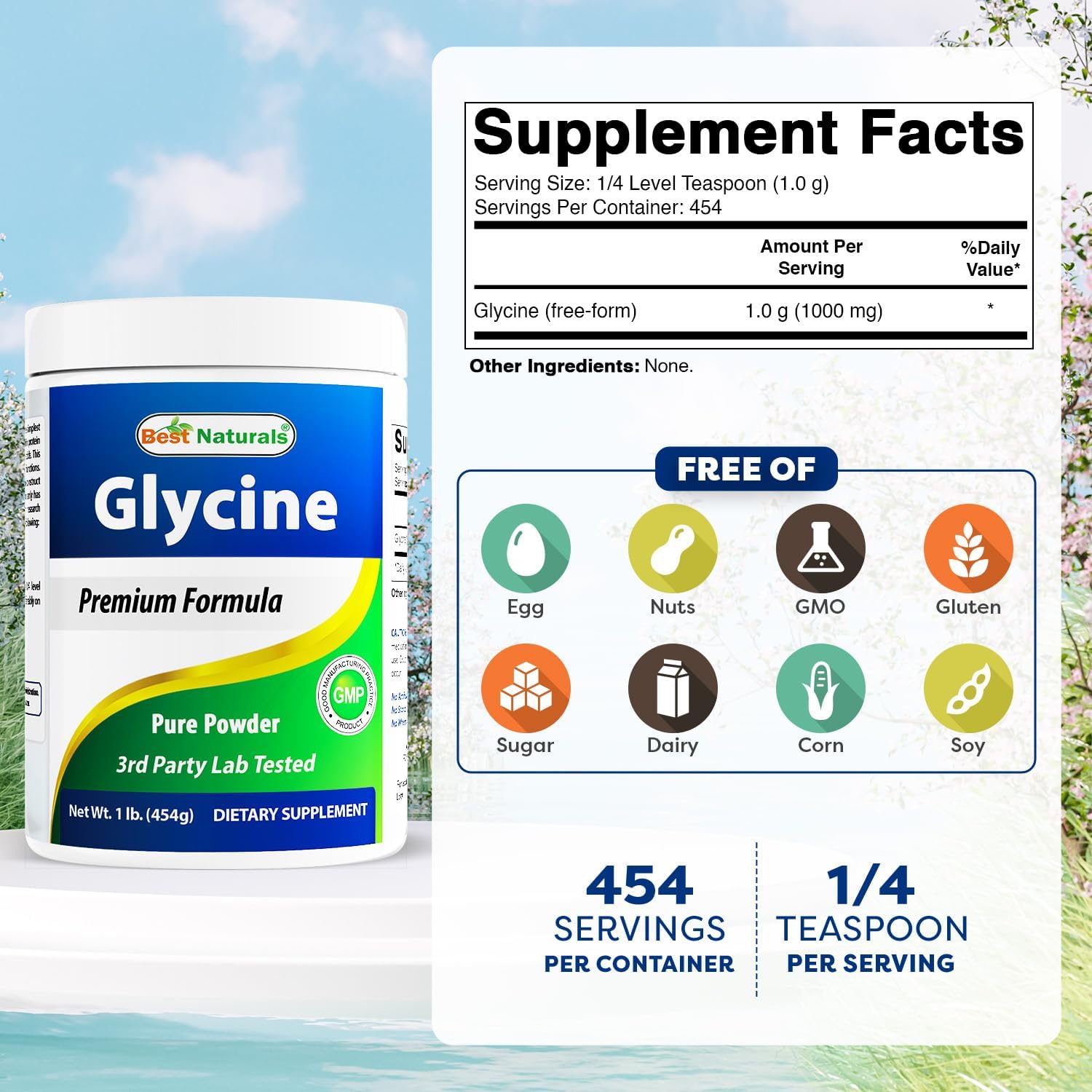 Best Naturals Glycine Powder 1 LB - Apoyo a Neurotransmisores y Relajación