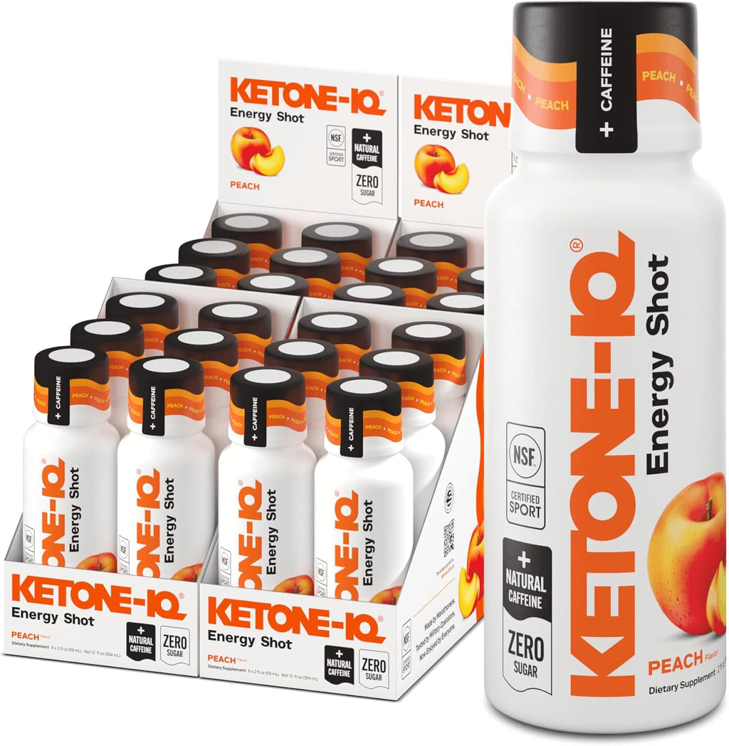 Ketone-IQ +Caffeine Performance Energy Shots – Energía Limpia para Enfoque y Resistencia, 5g Cetonas, 100mg Cafeína de Té Verde, Vitaminas B, 24 unidades (Melocotón)