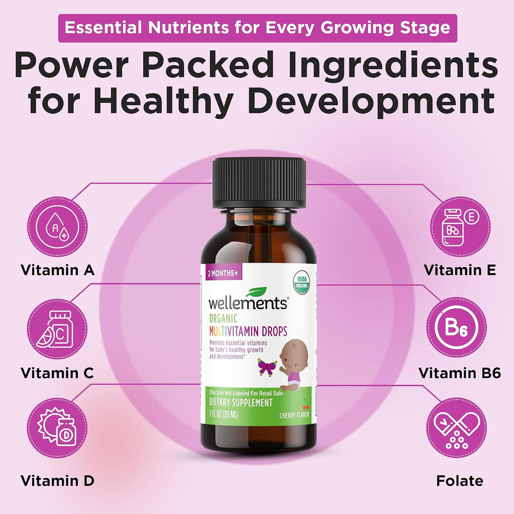 Wellements Organic Baby Multivitamin Drops - Gotas Multivitamínicas Orgánicas para Bebés y Niños Pequeños (30 ml) - Sabor Cereza