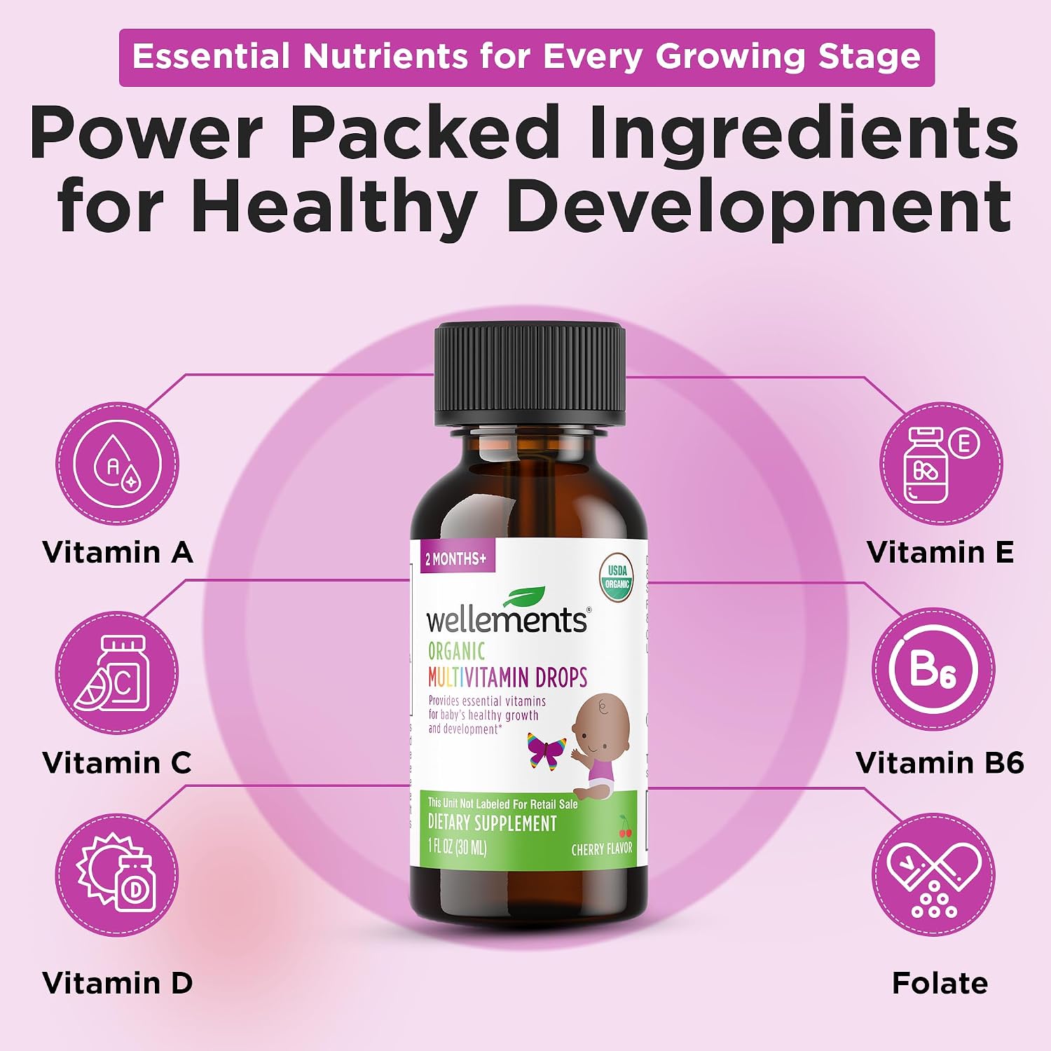 Wellements Organic Baby Multivitamin Drops - Gotas Multivitamínicas Orgánicas para Bebés y Niños Pequeños (30 ml) - Sabor Cereza