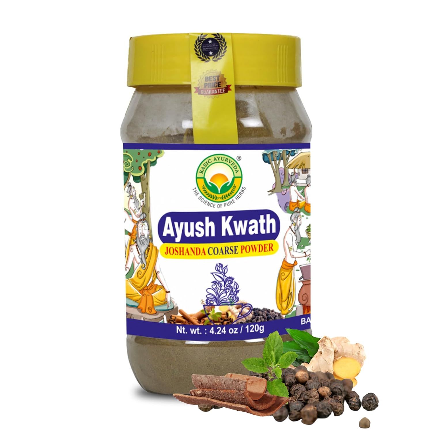 BASIC AYURVEDA Kwath Kadha Polvo Ayurvédico - Mezcla de Especias con Canela, Jengibre y Albahaca Santa - Infusión Herbal Orgánica - 120g