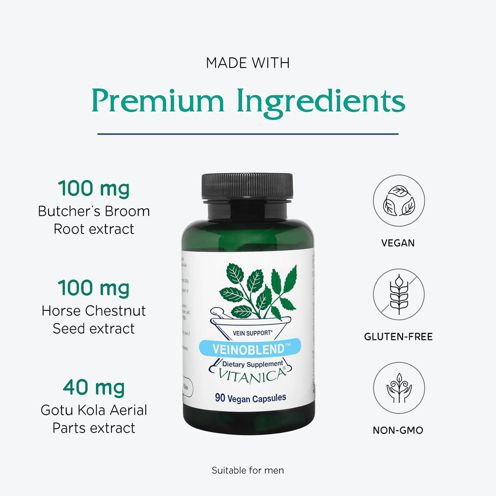 Vitanica VeinoBlend - Suplemento Circulatorio con Bromelina, Castaño de Indias, Centella Asiática, Rusco y Vitamina C - 90 Cápsulas