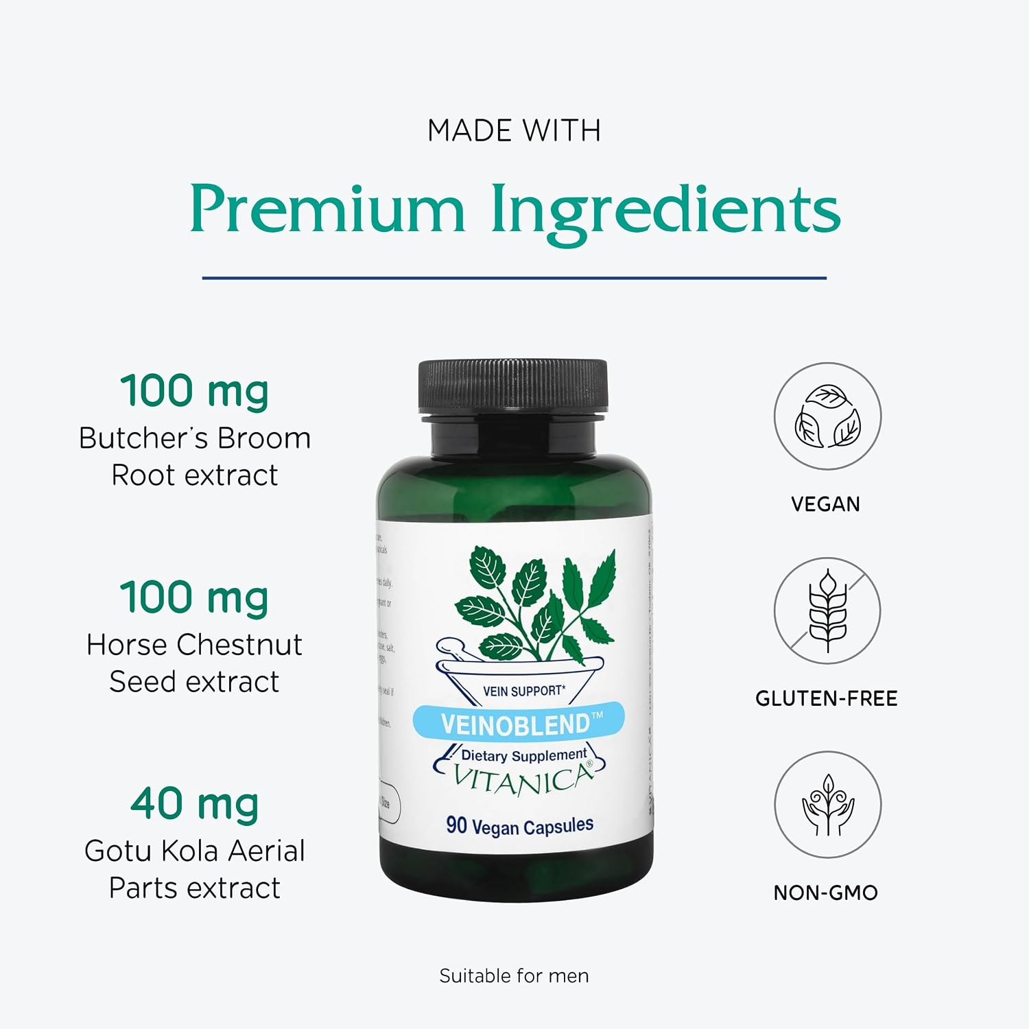Vitanica VeinoBlend - Suplemento Circulatorio con Bromelina, Castaño de Indias, Centella Asiática, Rusco y Vitamina C - 90 Cápsulas