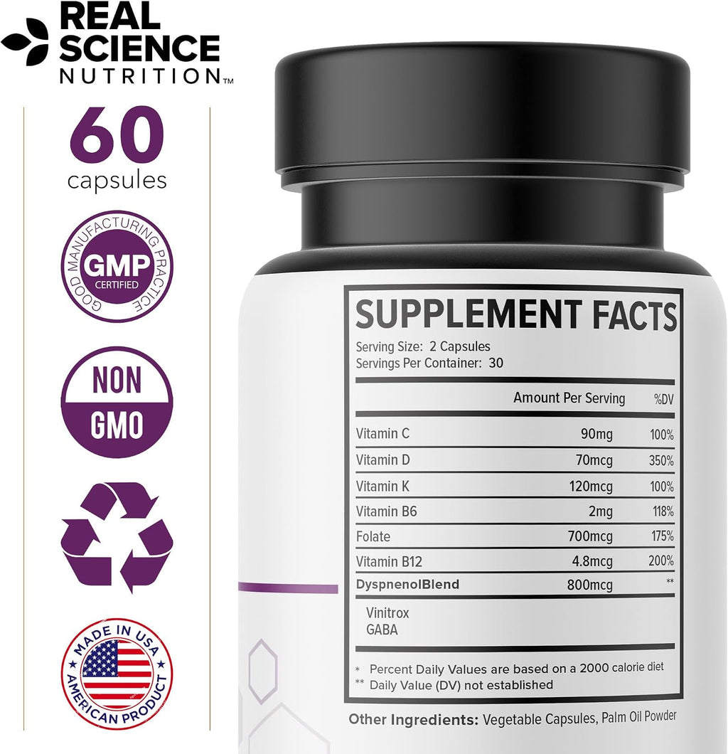 Real Science Dyspnenol - Suplemento Natural de Apoyo Pulmonar con Vinitrox y GABA, 60 Cápsulas