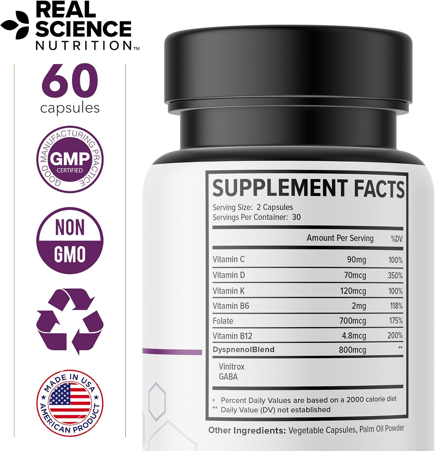 Real Science Dyspnenol - Suplemento Natural de Apoyo Pulmonar con Vinitrox y GABA, 60 Cápsulas