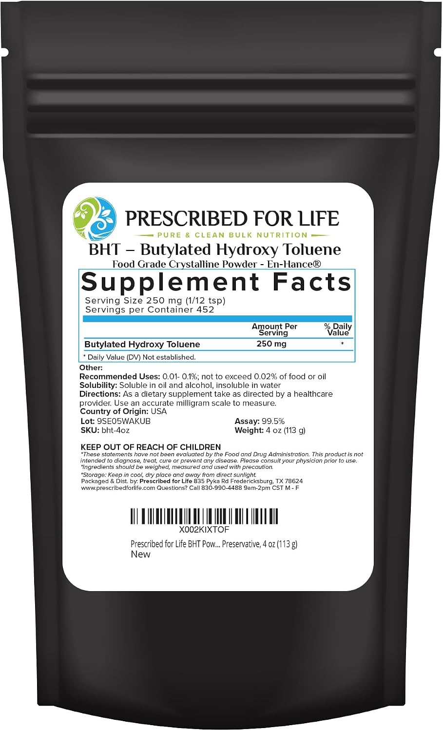 Prescribed For Life BHT en Polvo - Butilhidroxitolueno Puro para Conservación de Alimentos, Vegano, Sin Gluten, No GMO, Sin Blanquear, Sin Soja (113g)