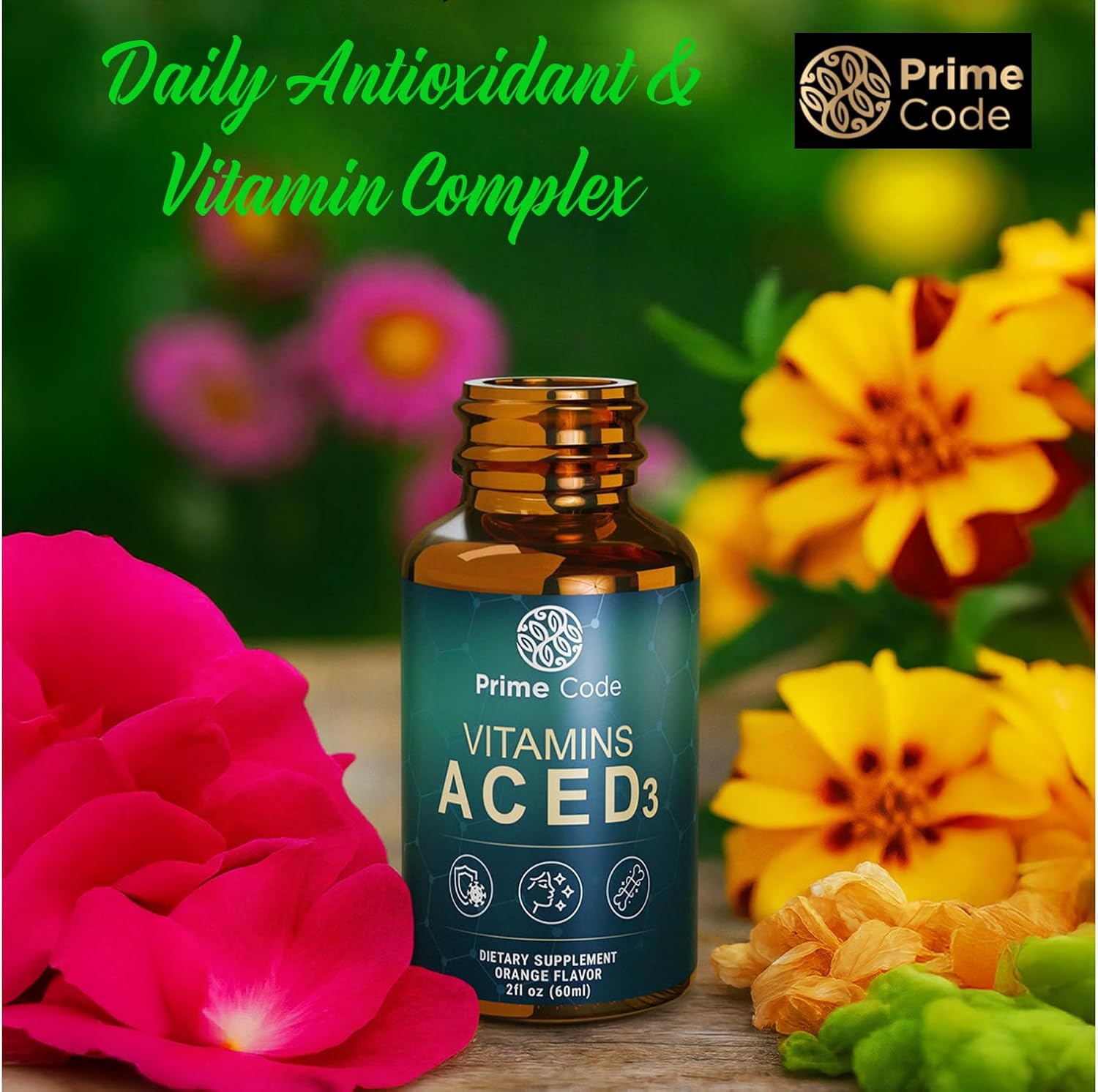 Prime Code Vitamin A Líquido con Vitaminas C, E y D3 - Complemento Alimenticio en Gotas, Sabor Naranja Natural