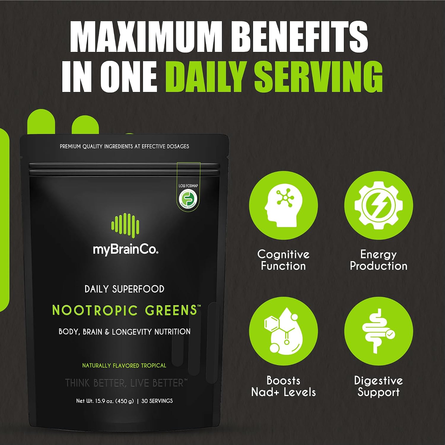 myBrainCo. Nootropic Greens - Mezcla completa de superalimentos orgánicos y nootrópicos (225 g)