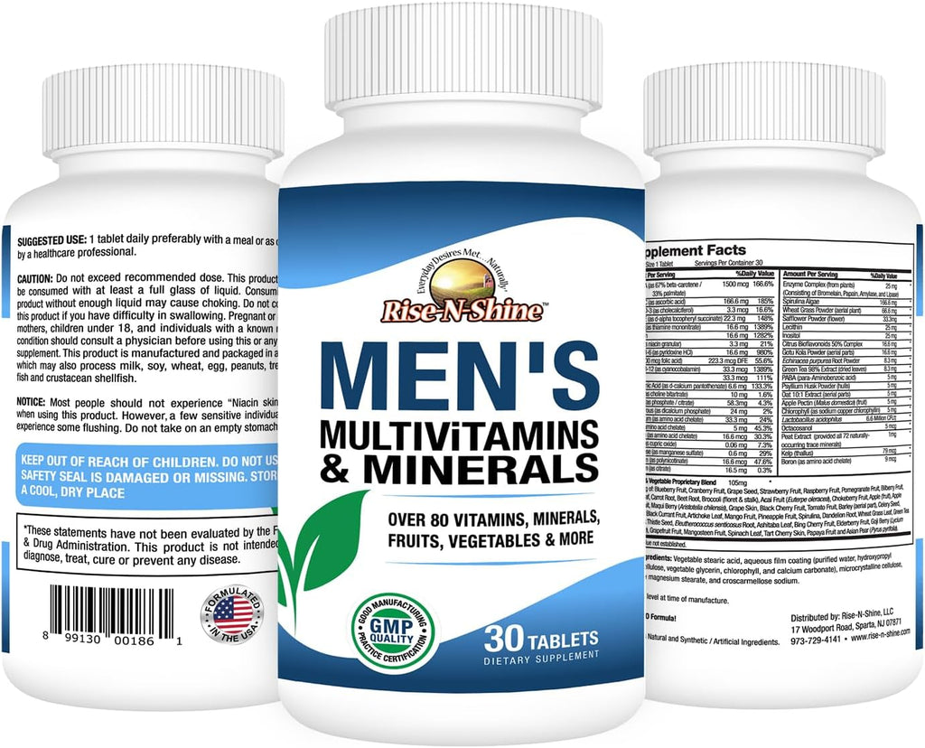 Rise-N-Shine Multivitamínico para Hombres con Zinc, Selenio, Calcio, Magnesio y más - 30 Comprimidos