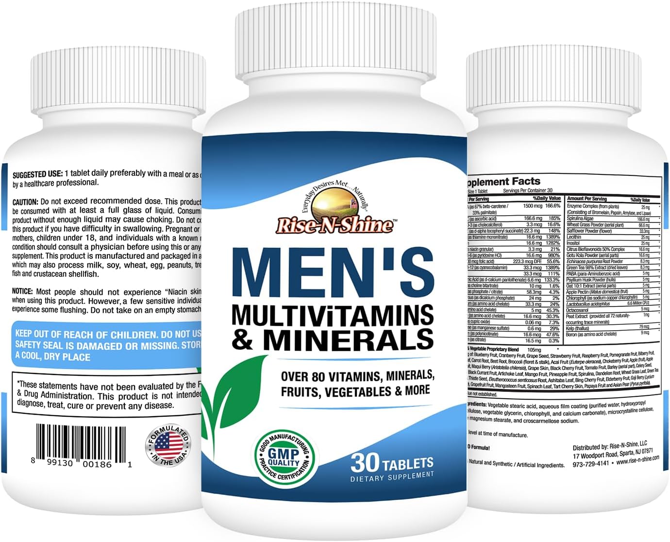 Rise-N-Shine Multivitamínico para Hombres con Zinc, Selenio, Calcio, Magnesio y más - 30 Comprimidos