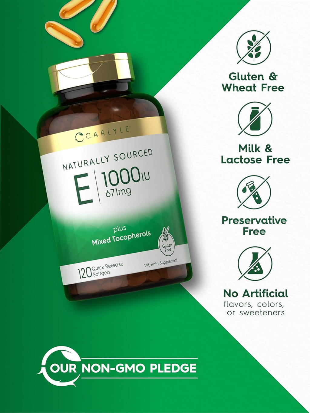 Carlyle Vitamina E 1000 UI con Tocoferoles Mixtos, 120 Cápsulas Blandas