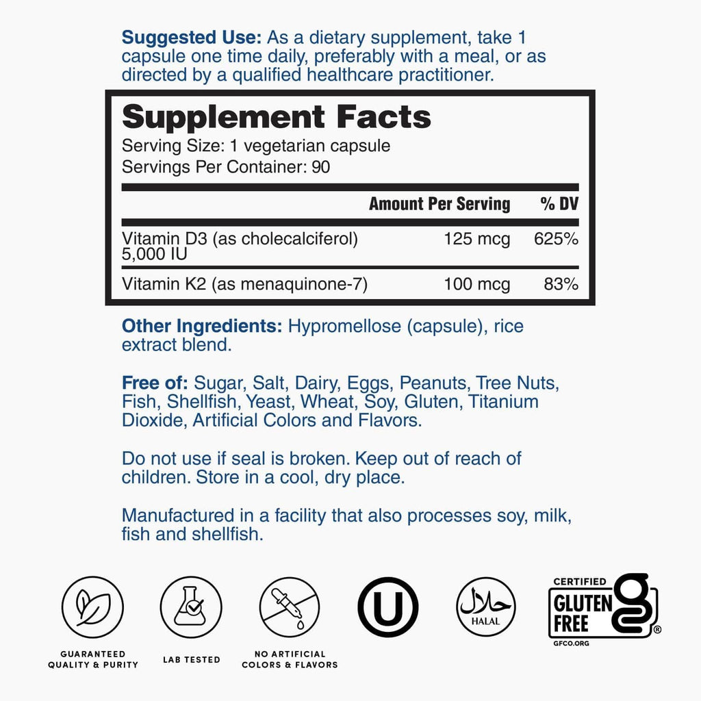 Nature's Lab Vitamin D3 Plus - Vitamina D3 y K2 (MK-7), 5000 UI + 100 mcg, 90 Cápsulas