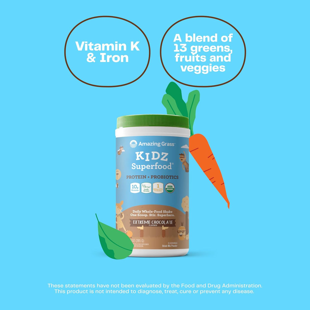 Amazing Grass Kidz Superfood: Proteína Vegetal y Probióticos para Niños, Sabor Chocolate Extremo, 15 porciones
