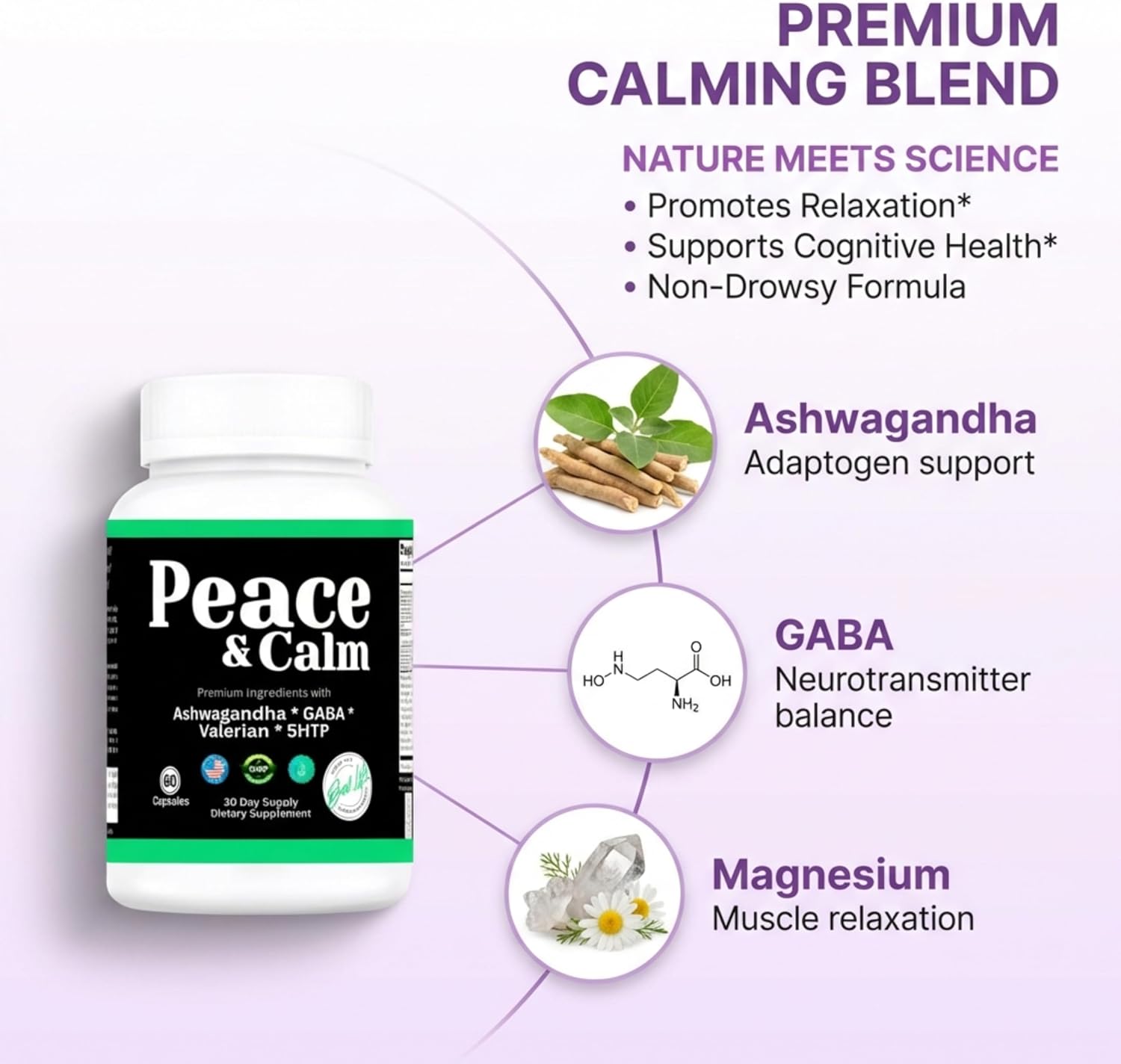 Peace and Calm - Suplemento para el Estrés y la Relajación, 60 Cápsulas
