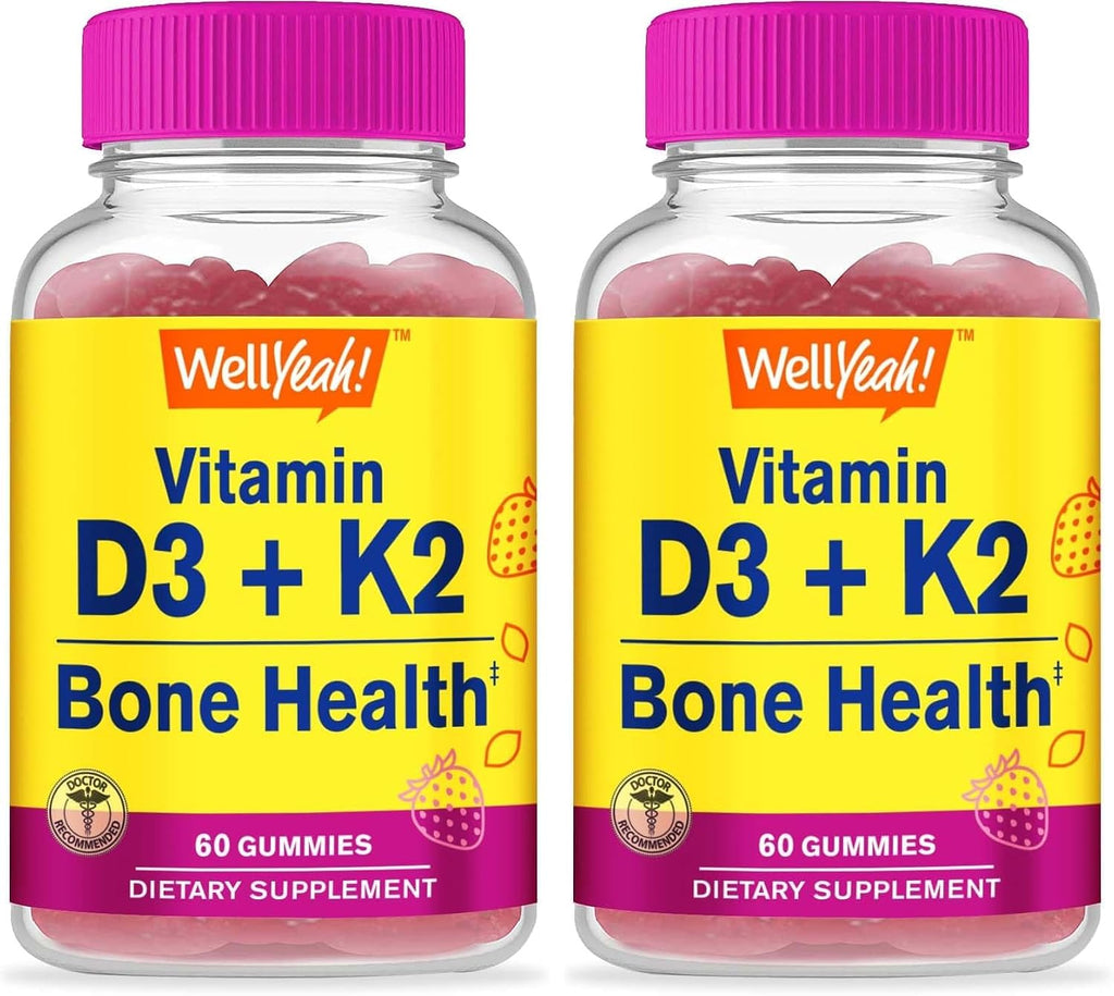 WellYeah Vitamina D3 + K2 Gominolas - 1000 UI D3, 100 mcg K2 - Salud Ósea y Muscular - Sabor Fresa Natural - 60 Gominolas
