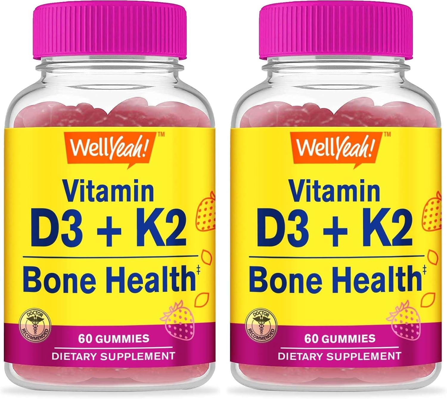WellYeah Vitamina D3 + K2 Gominolas - 1000 UI D3, 100 mcg K2 - Salud Ósea y Muscular - Sabor Fresa Natural - 60 Gominolas