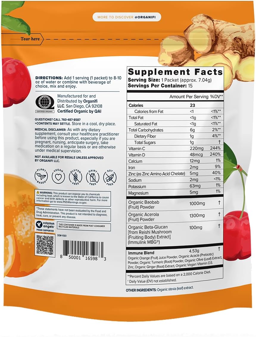 Organifi Immunity - Polvo Orgánico de Apoyo Inmunitario con Beta-Glucanos de Hongos, Vitamina C, D y Zinc - 15 Sobres Individuales