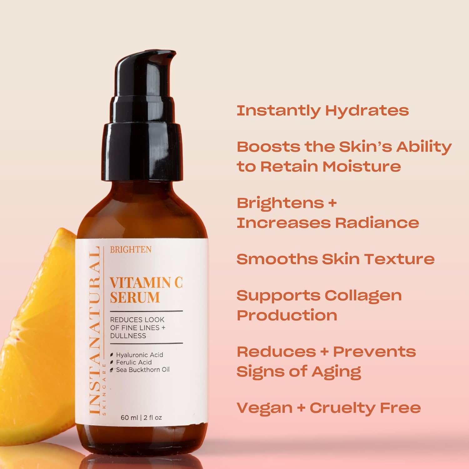 InstaNatural Sérum Facial de Vitamina C con Ácido Hialurónico y Ácido Ferúlico | Fórmula Iluminadora e Hidratante para una Piel Radiante y Suave - 60 ml