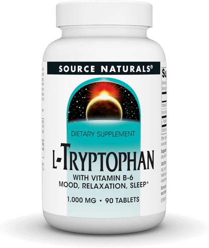 Source Naturals L-Triptófano con Vitamina B6 para el Estado de Ánimo, Relajación y Sueño - 1000 mg - 90 Comprimidos – Image 1