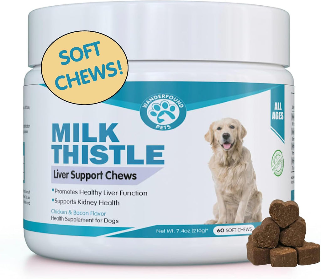 Wanderfound Pets Cardo Mariano para Perros – Sabor Salmón y Bacon – Complemento Natural para el Hígado – 100 Comprimidos Masticables