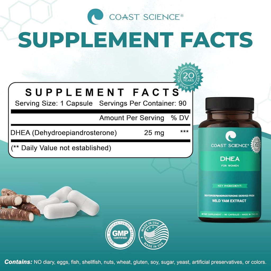 Coast Science DHEA para Mujeres - 25mg de Extracto de Ñame Silvestre, 90 Cápsulas