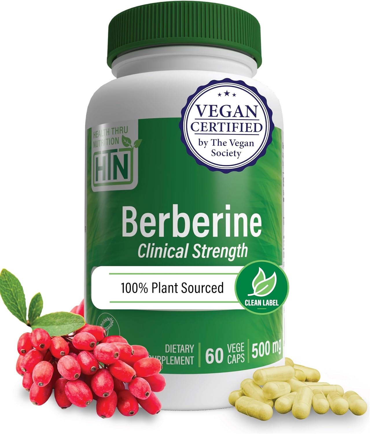 Health Thru Nutrition Berberine HCl 500mg 60 Cápsulas | Suplemento de Alta Potencia | Vegano | Sin OGM | Sin Soja | Probado por Terceros