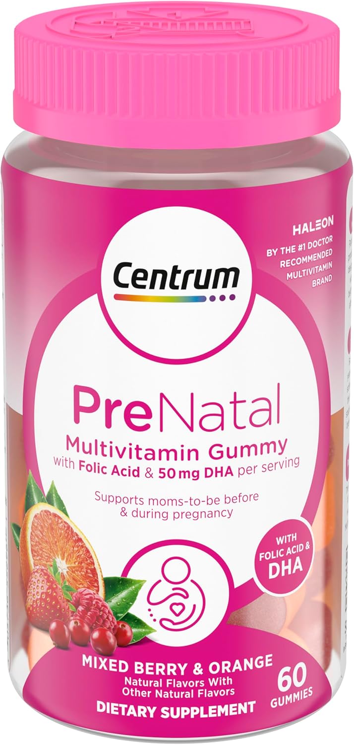 Centrum Prenatal Multivitamin Gummies con DHA y Ácido Fólico - Sabor Arándano Rojo y Naranja - 60 Gominolas
