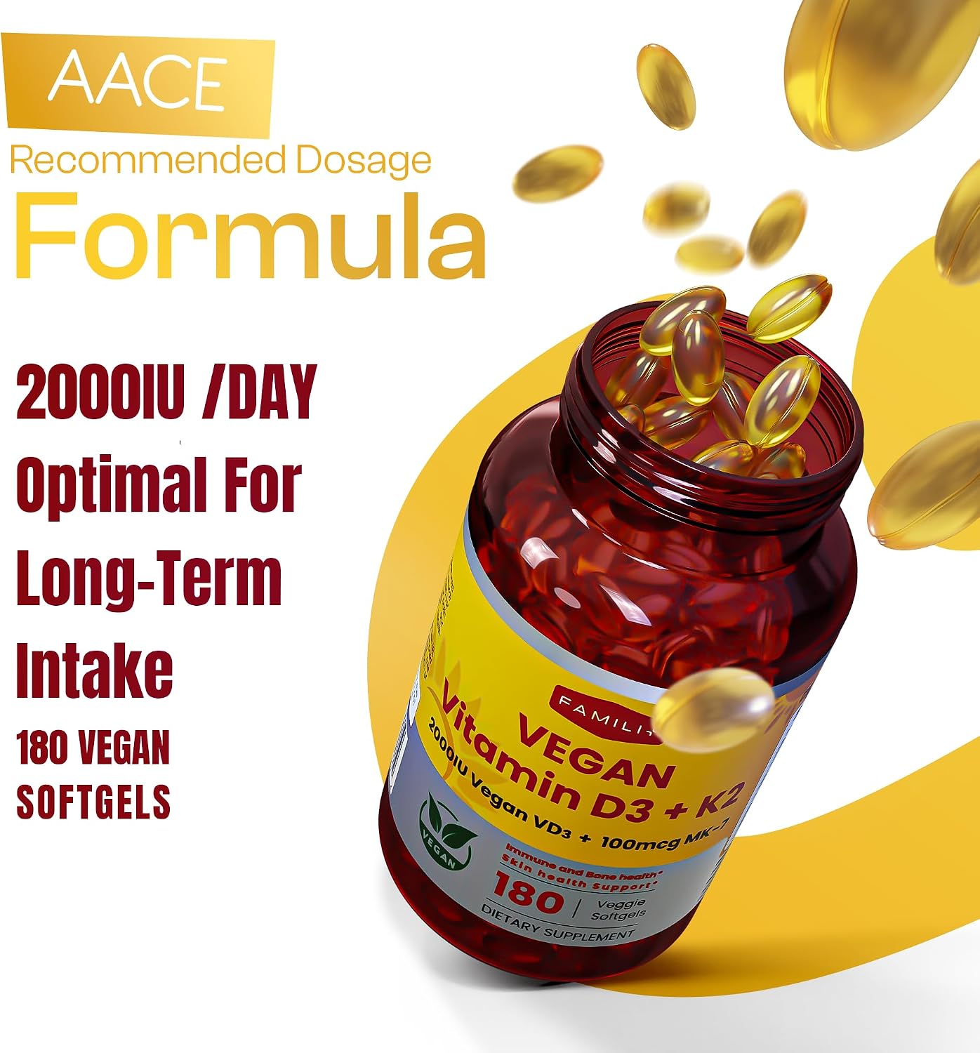 FAMILI+ Vitamina D3+K2 Vegano, 2000 UI D3 + 100 mcg K2 MK-7, 180 Cápsulas Blandas Vegetales