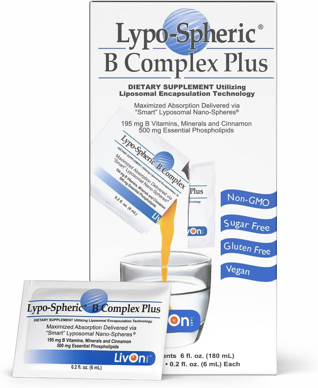 LivOn Laboratories Lypo-Spheric B Complex Plus – 30 sobres – Complejo B Liposomal con Minerales y Canela