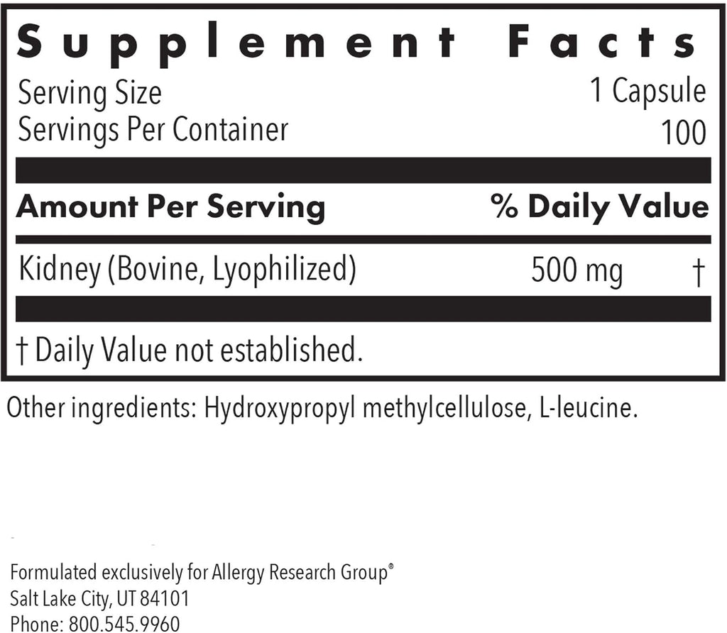 ARG Kidney Beef - Bovine Kidney Extract Supplement - 100 Vegan Capsules