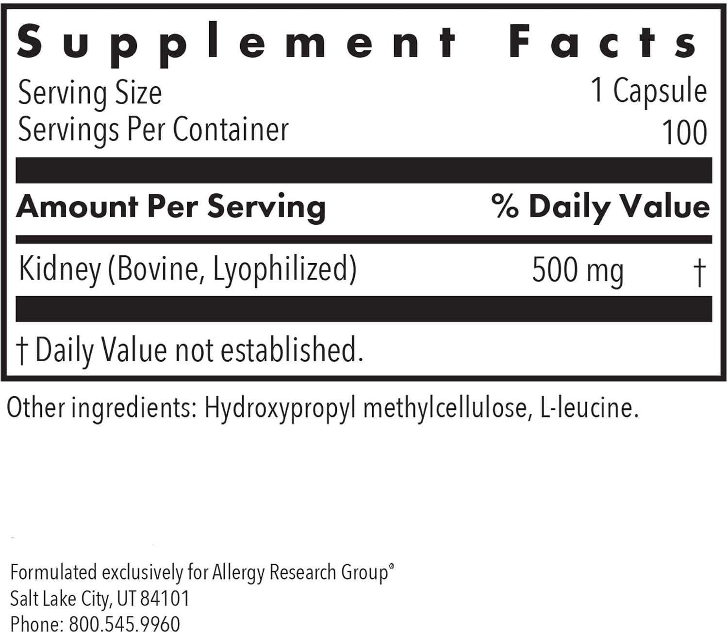 ARG Kidney Beef - Bovine Kidney Extract Supplement - 100 Vegan Capsules