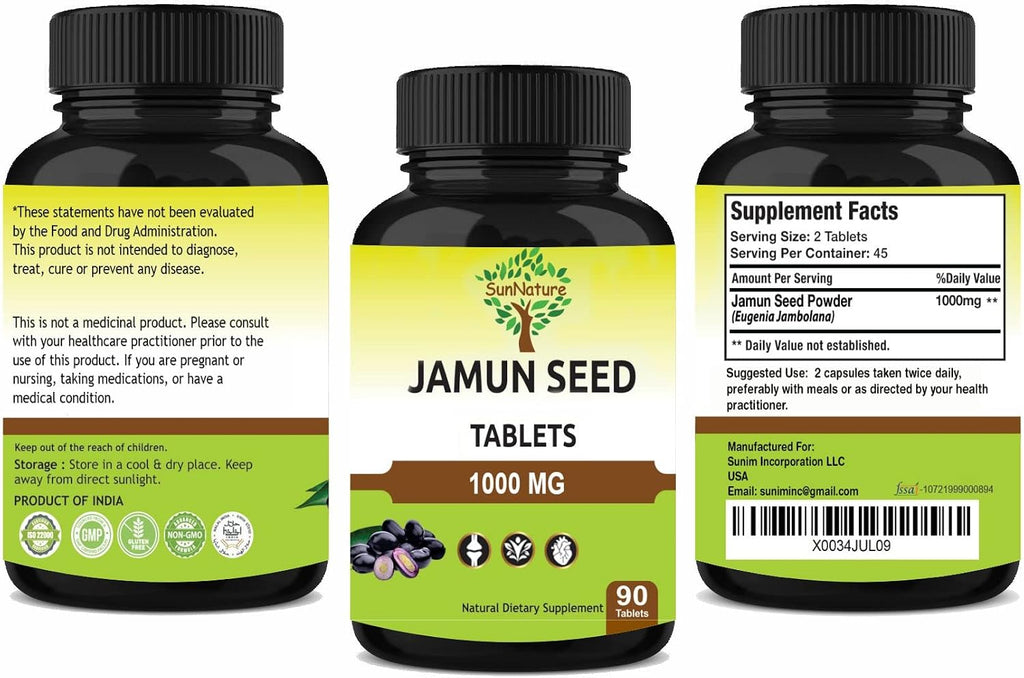 Comprimidos de Semilla de Jamun SunNature | 90 Comprimidos, 500 mg | 1000 mg por día (2 comprimidos) | Vegano