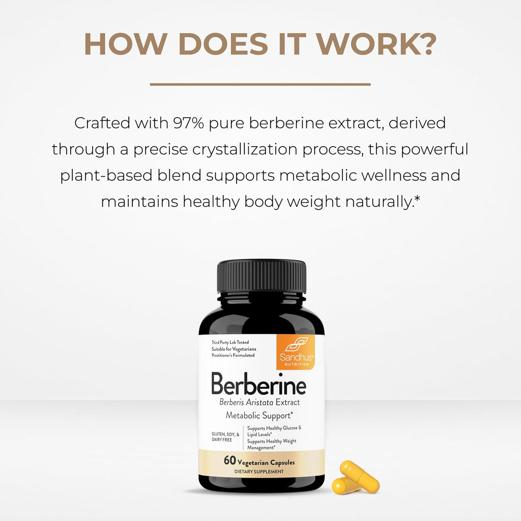 Sandhu's Berberina HCL 500mg por cápsula - 60 Cápsulas - Extracto de Berberis Aristata al 97% - Sin OGM, Vegetariano, Sin Gluten