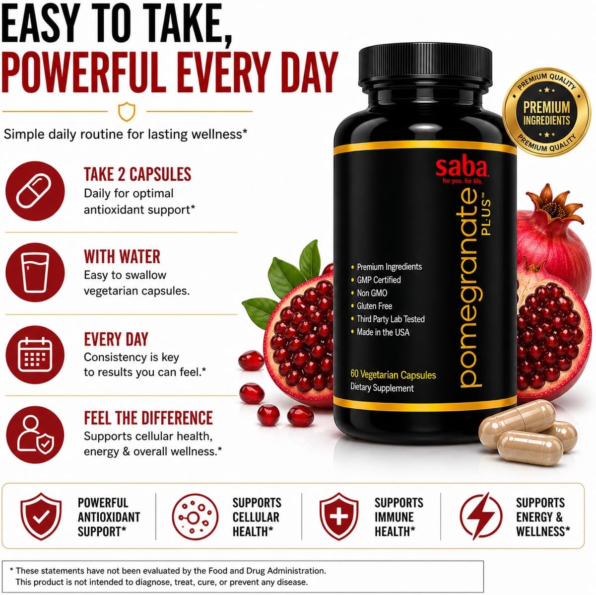 Saba Pomegranate Plus | Suplemento antioxidante con Astaxantina y Granada | 60 Cápsulas