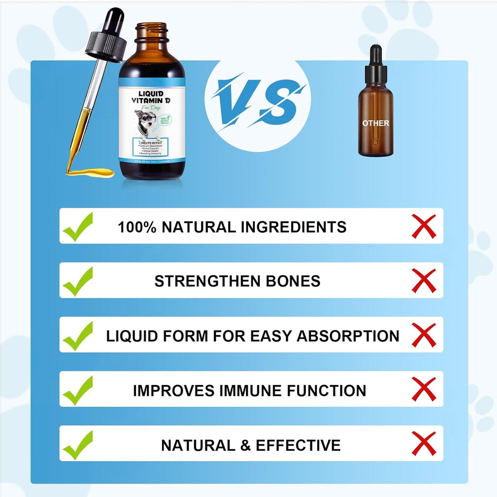 Vitamina D para Perros, Gotas Líquidas de Vitamina D para Perros, Vitaminas D para Perros Promueven la Absorción de Calcio, Apoya el Sistema Inmunitario, Salud de Caderas y Articulaciones y Salud Dental, Suplemento Multivitamínico para Perros