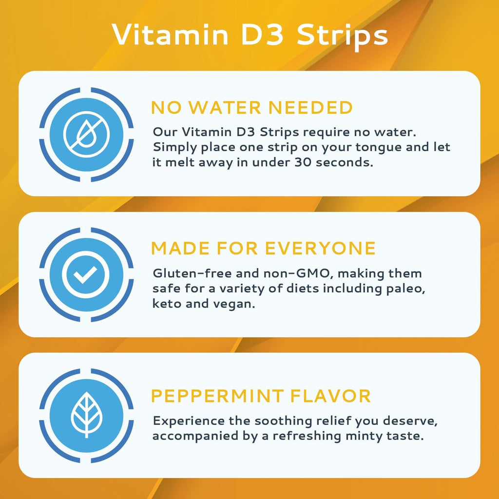 CALMOUR Vitamin D3 Strips 100 Unidades | 2000 UI Vitamina D3 Oral Disoluble | Sabor Menta