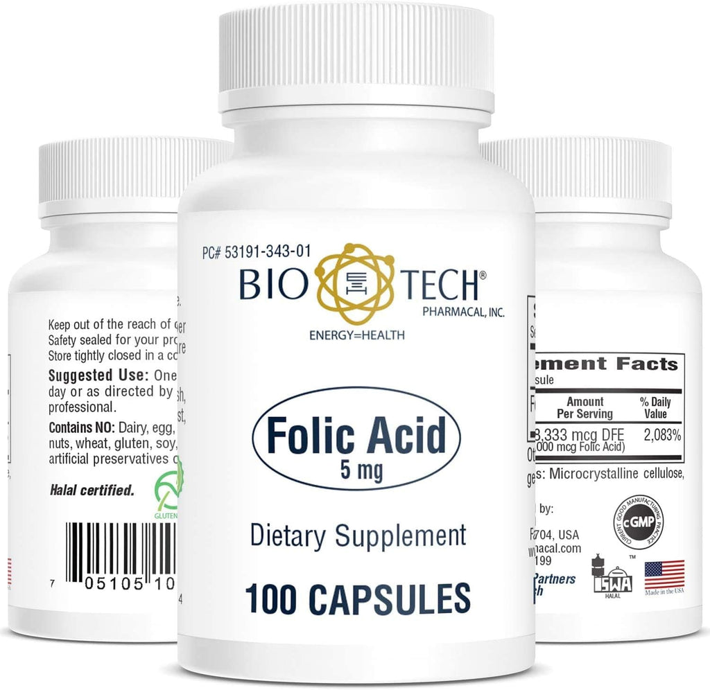 Ácido Fólico 5 mg, 100 Cápsulas (Paquete de 2) - BioTech Pharmacal