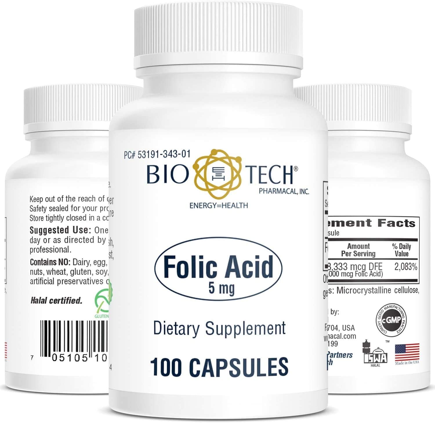 Ácido Fólico 5 mg, 100 Cápsulas (Paquete de 2) - BioTech Pharmacal