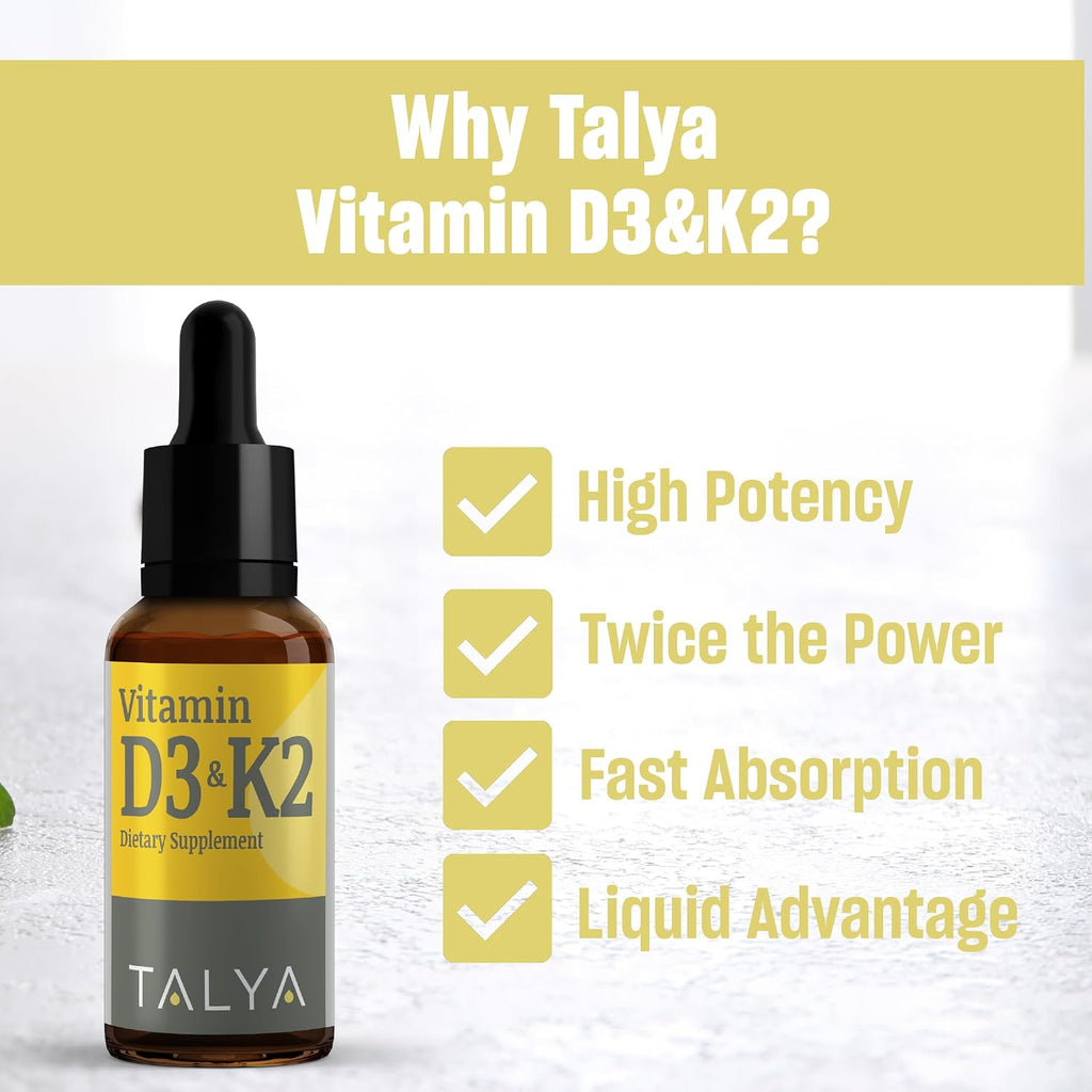 TALYA Vitamina D3 & K2 Gotas Líquidas | 1000 UI | 60 Servicios | Vegano