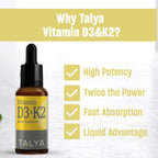 TALYA Vitamina D3 & K2 Gotas Líquidas | 1000 UI | 60 Servicios | Vegano