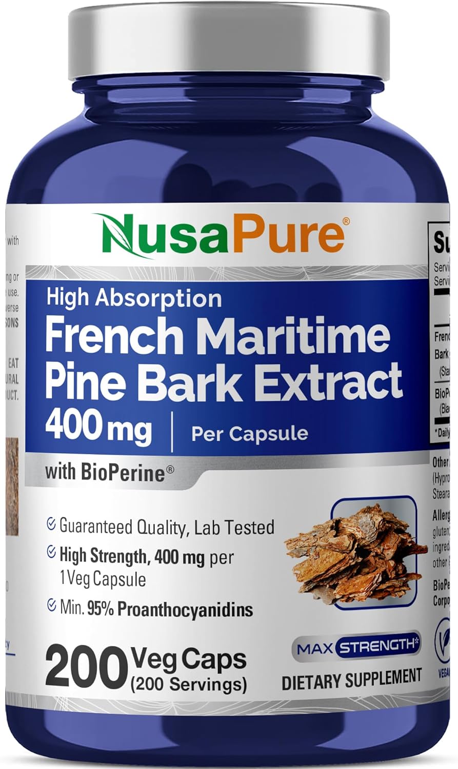 NusaPure Extracto de Corteza de Pino Marítimo Francés 400mg - 200 Cápsulas Veganas