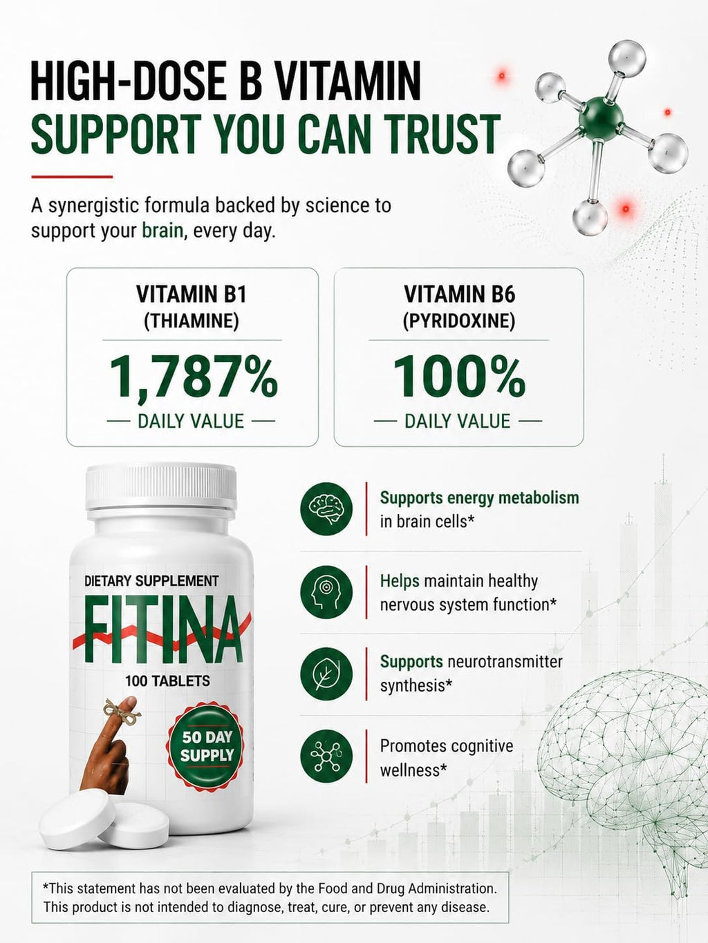 Fitina Suplemento Cerebral con Vitamina B6 y Tiamina | Alta Dosis de Vitaminas B para el Sistema Nervioso, 100 Comprimidos