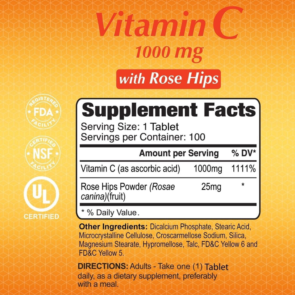 ALFA VITAMINS Vitamina C con Rosa Mosqueta - 1000 mg por dosis - Apoyo Inmunológico y Antioxidante - 100 Comprimidos - No GMO, Vegano, Sin Gluten