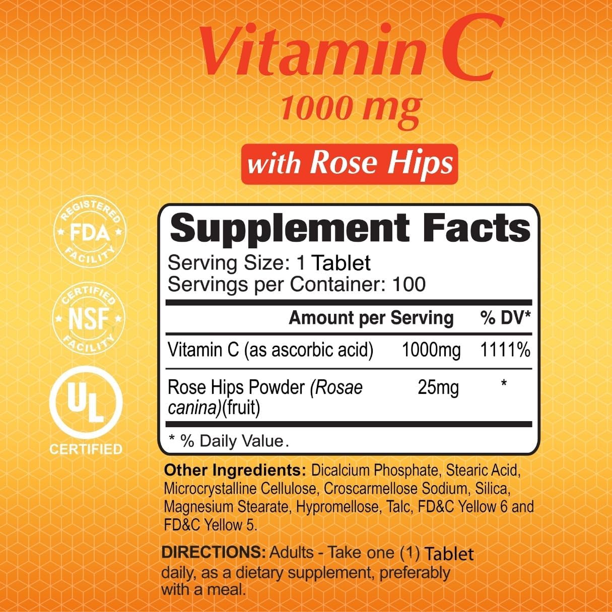 ALFA VITAMINS Vitamina C con Rosa Mosqueta - 1000 mg por dosis - Apoyo Inmunológico y Antioxidante - 100 Comprimidos - No GMO, Vegano, Sin Gluten