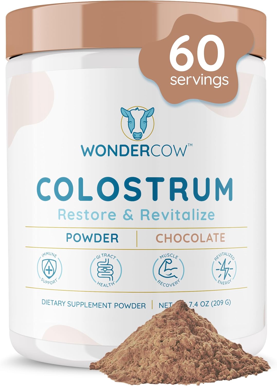 WonderCow Suplemento de Calostro Bovino en Polvo, Chocolate, 60 Dosis