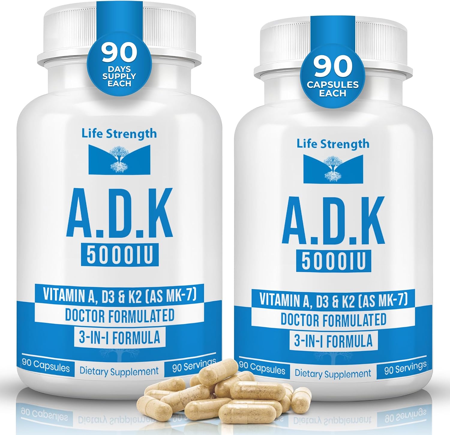 LifeStrength ADK Suplemento (90 comprimidos, Pack de 2) - Vitaminas A, D3 y K2 MK-7 para Huesos e Inmunidad