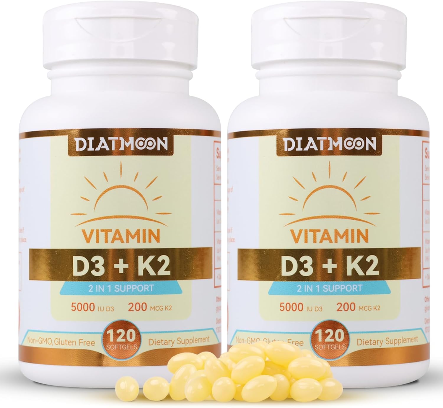 DIATMOON Vitamina D3 K2 5000 UI + 200 mcg MK-7, 120 Cápsulas Blandas
