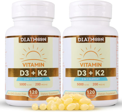 DIATMOON Vitamina D3 K2 5000 UI + 200 mcg MK-7, 120 Cápsulas Blandas – Image 9