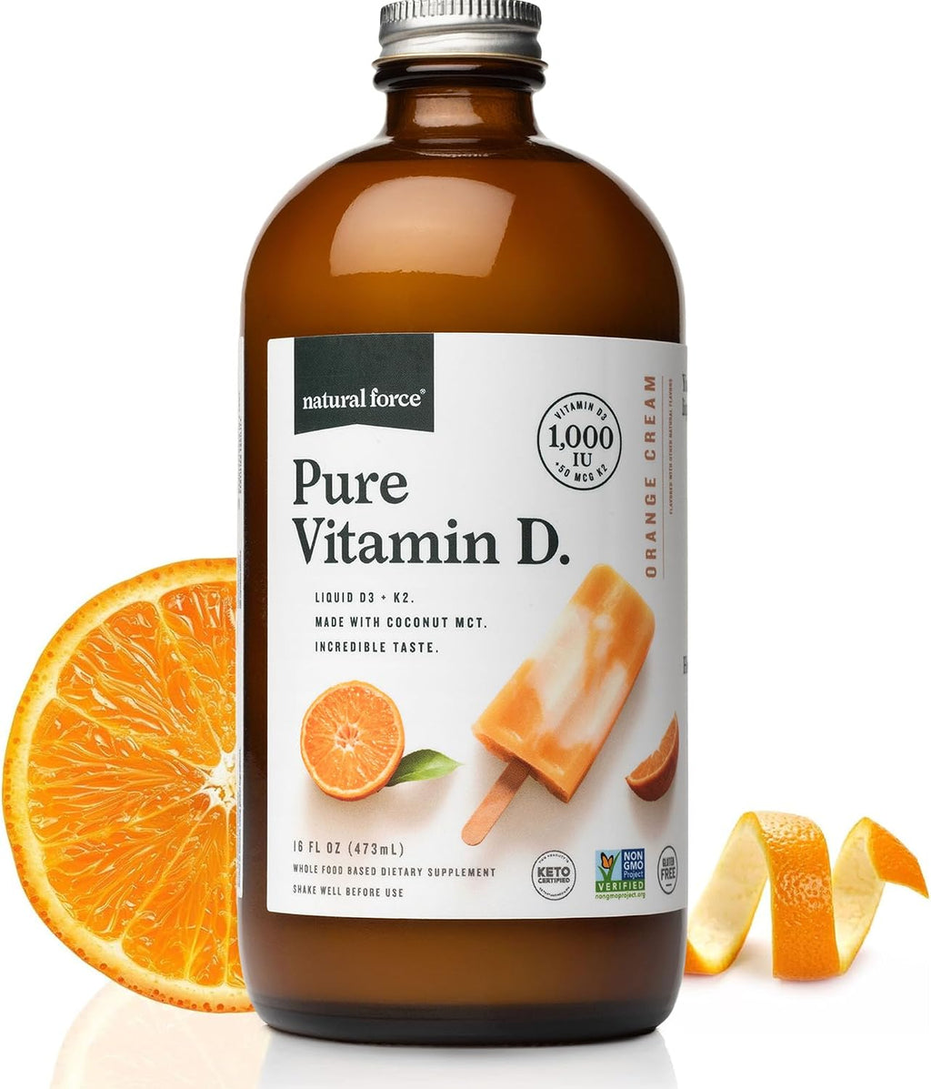 Natural Force Pure Vitamin D – Líquido D3 y K2 con MCT de Coco – 1,000 UI – Vegano – Sabor Naranja Crema – 473 ml