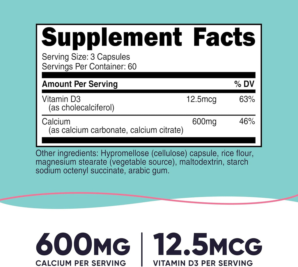 Nutricost Calcio (600 mg) + Vitamina D3 (12.5 mcg) - 180 Cápsulas, Vegano, Sin Gluten